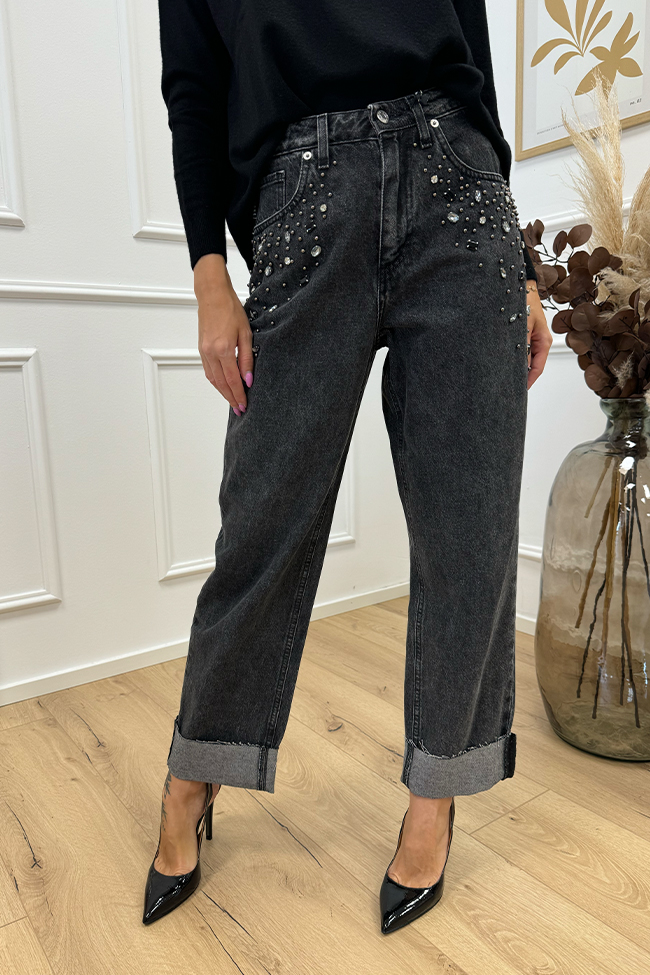 Haveone - Jeans Mandy nero con borchie e strass