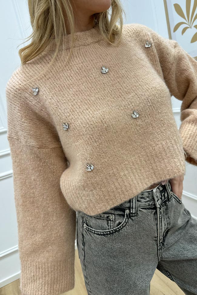 Vicolo - Maglione crop nude in mohair con cabochon