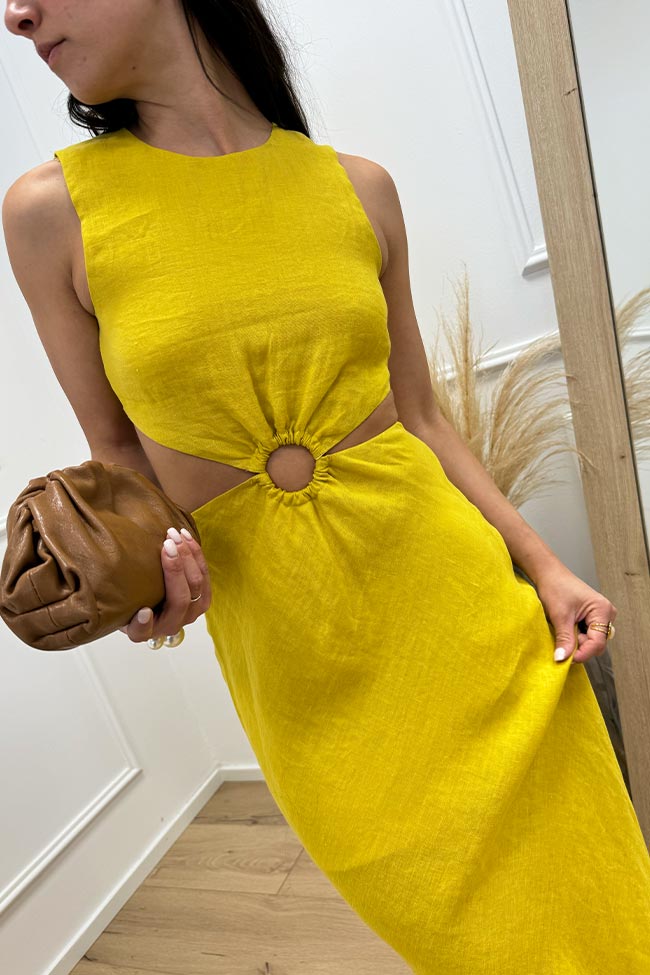 Vicolo - Vestito giallo cut out con anello in lino