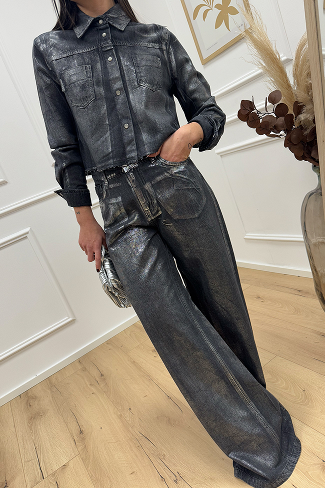 Haveone - Pantaloni neri spalmati argento wide leg fit