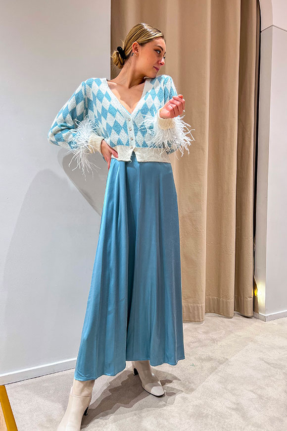 Tensione In - Light blue, cream cardigan with jewel buttons and feathers on the sleeve