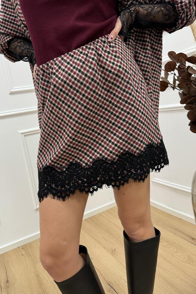 Haveone - Gonna mini quadretti bordeaux con pizzo