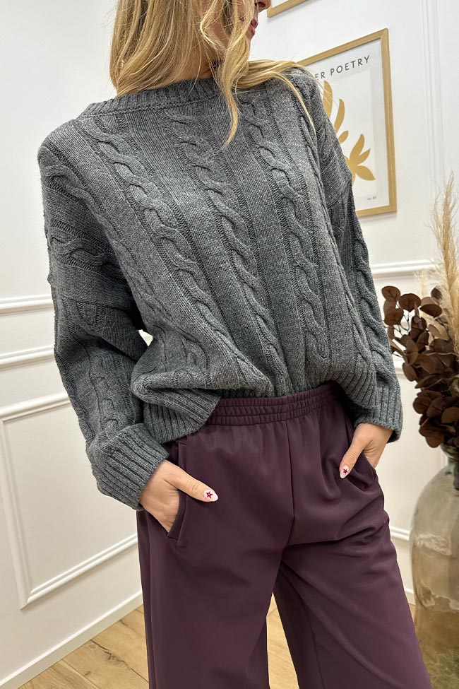 Haveone - Maglione girocollo grigio a trecce