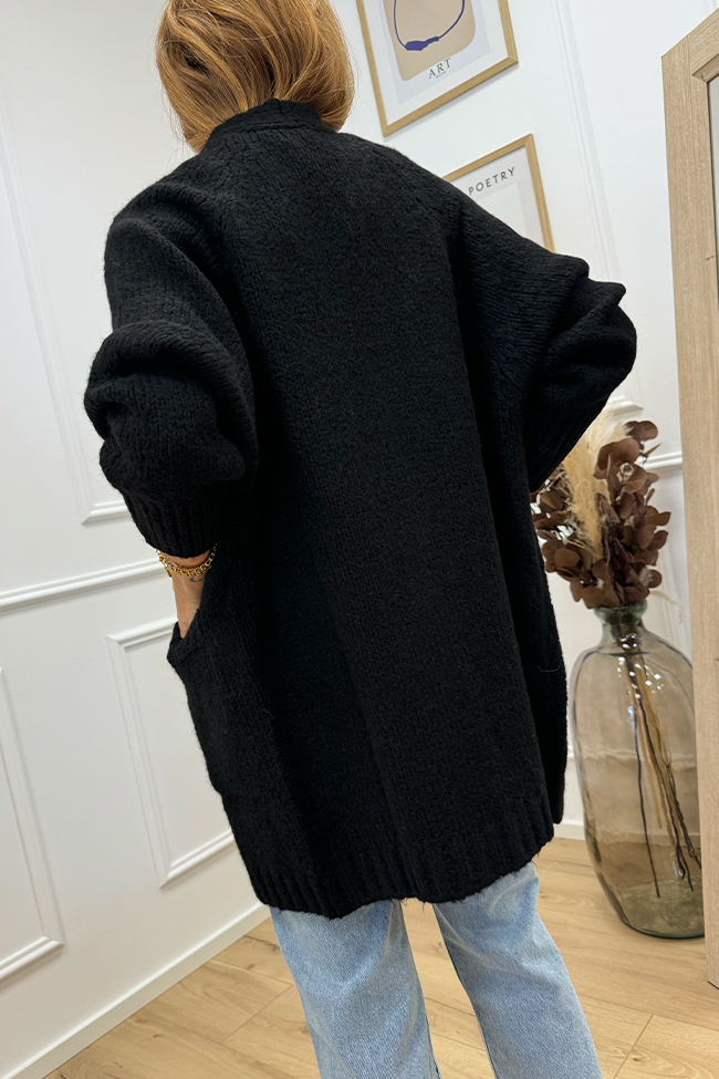 Haveone - Cardigan lungo nero con bottoni misto alpaca