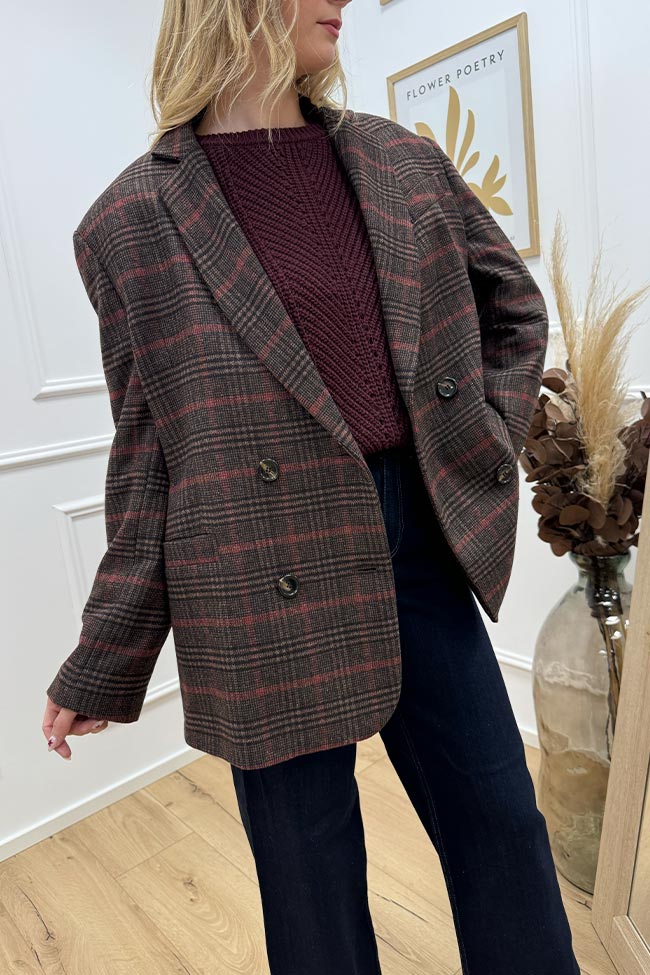 Haveone - Giacca misto lana tartan bordeaux e moro