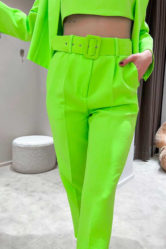 Vicolo - Pantaloni verde neon a sigaretta paper bag con cintura