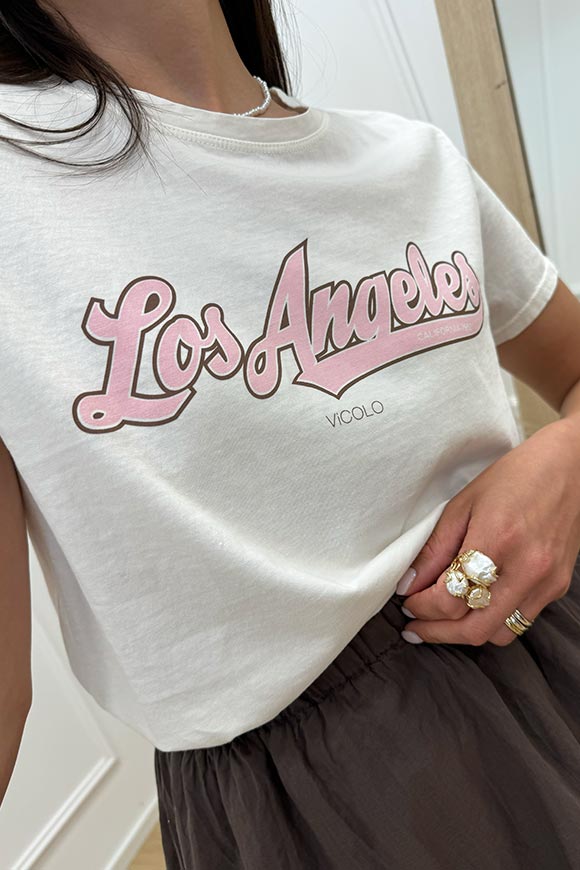 Vicolo - T shirt bianca stampa "Los Angeles" rosa