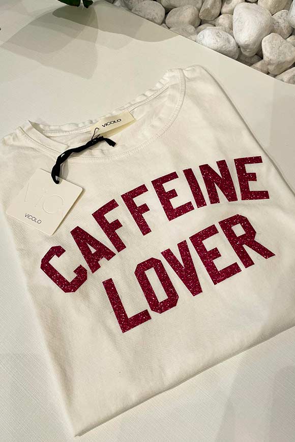 Vicolo - T shirt bianca stampa "Caffeine" glitter fucsia