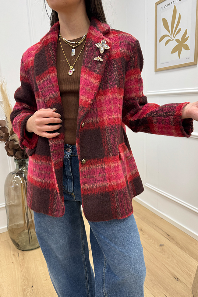 Dixie - Giacca cappotto check rosso, rosa e moro