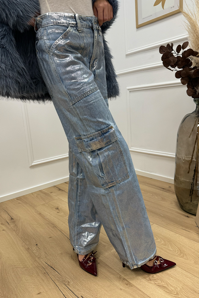 Glamorous - Jeans cargo spalmato argento