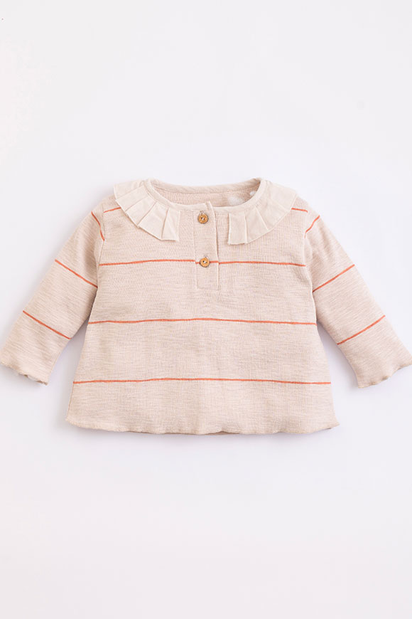 Play Up - Beige brick striped sweater with Mirò rouches