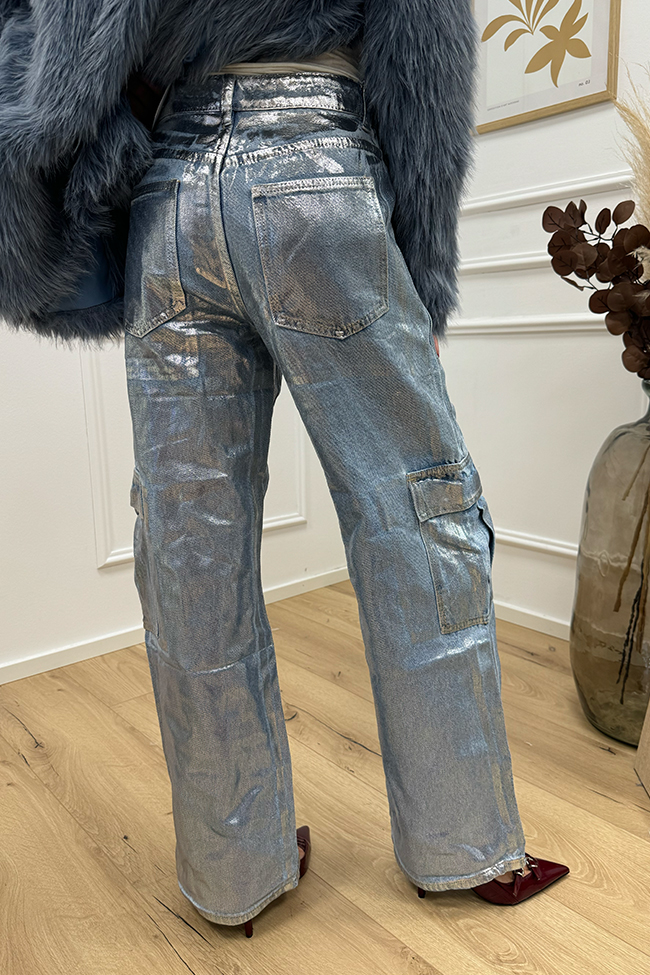 Glamorous - Jeans cargo spalmato argento