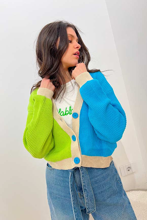 Kontatto - Crop block cardigan in lime, turquoise, ecru