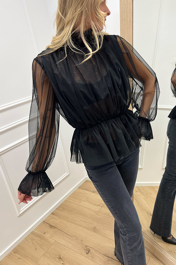 Vicolo - Blusa nera in organza con collo arricciato