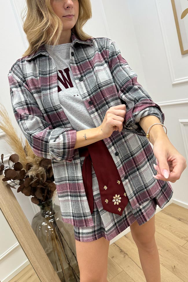 Haveone - Camicia tartan grigia, bordeaux in flanella