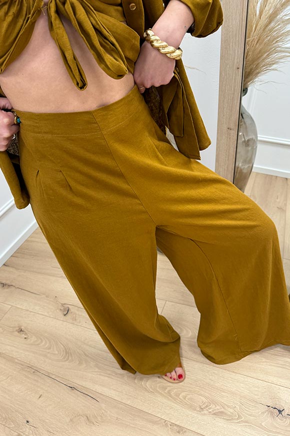 Haveone - Pantaloni bronzo doppia pinces in misto lino