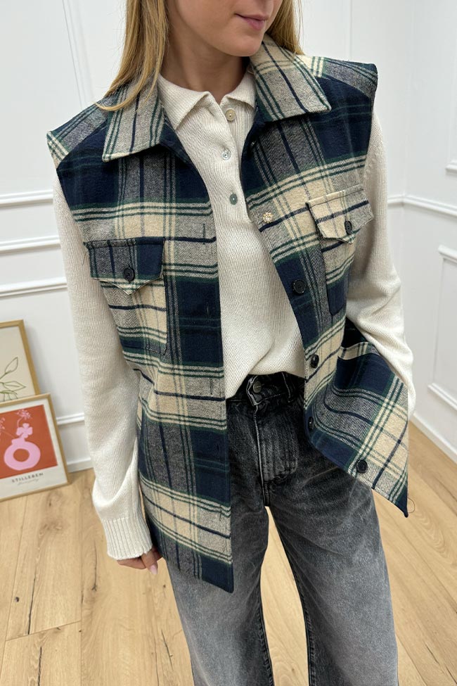 Vicolo - Gilet oversize check verde, blu e beige