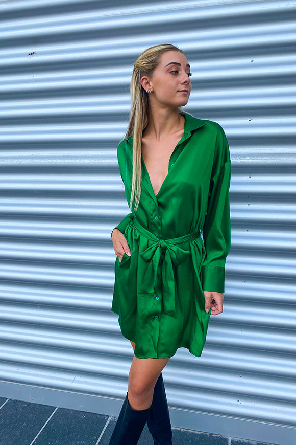 Vicolo - Green satin shirt dress with sash