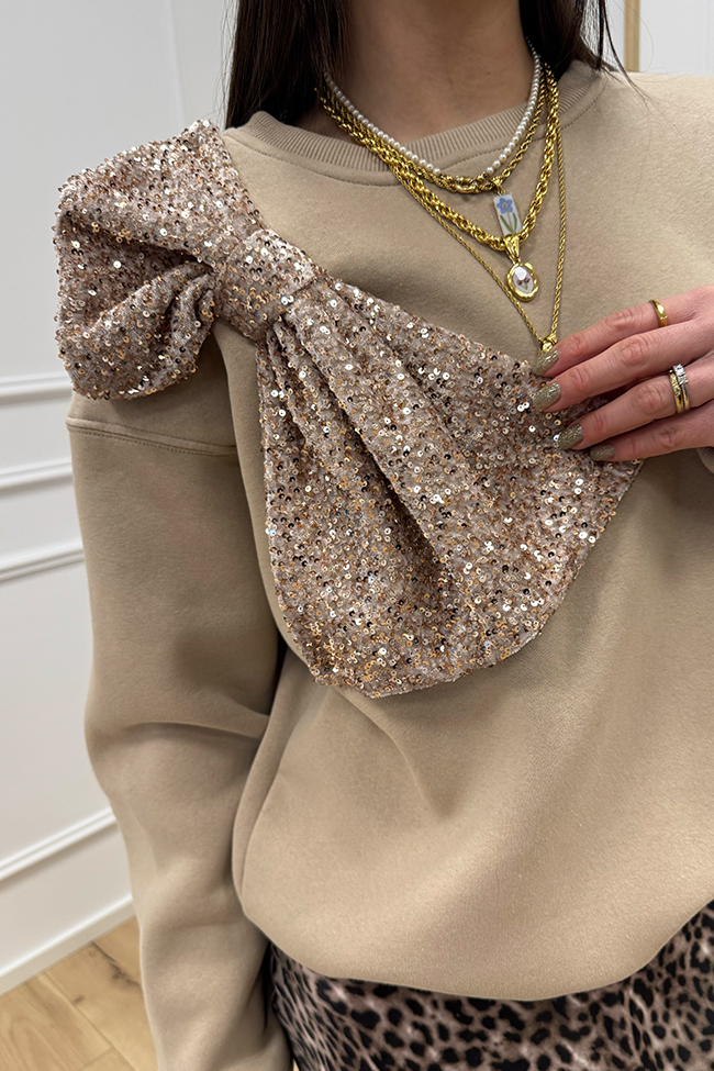 Tensione In - Felpa beige con maxi fiocco in paillettes