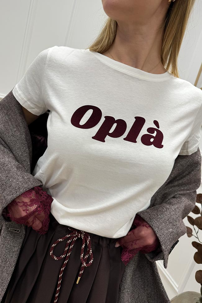 Vicolo - T shirt bianca stampa "Oplà" floccata bordeaux