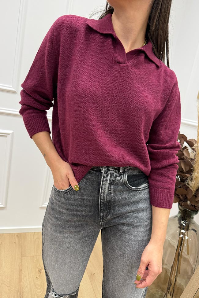 Vicolo - Maglia polo bordeaux misto lana e cashmere