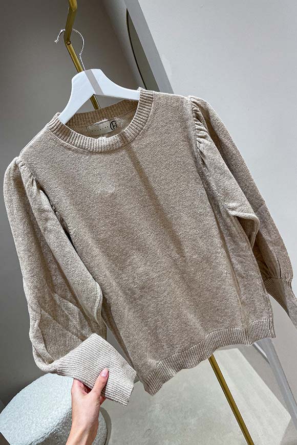 Haveone - Maglia beige manica increspata in misto lana