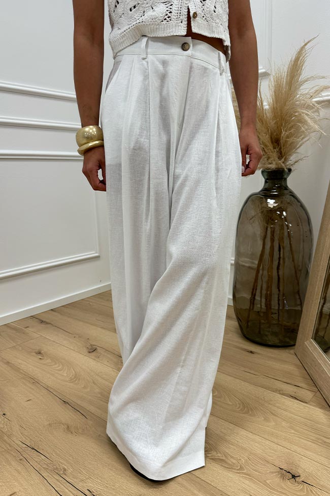 Kontatto - Pantaloni bianchi a palazzo gamba ampia misto lino
