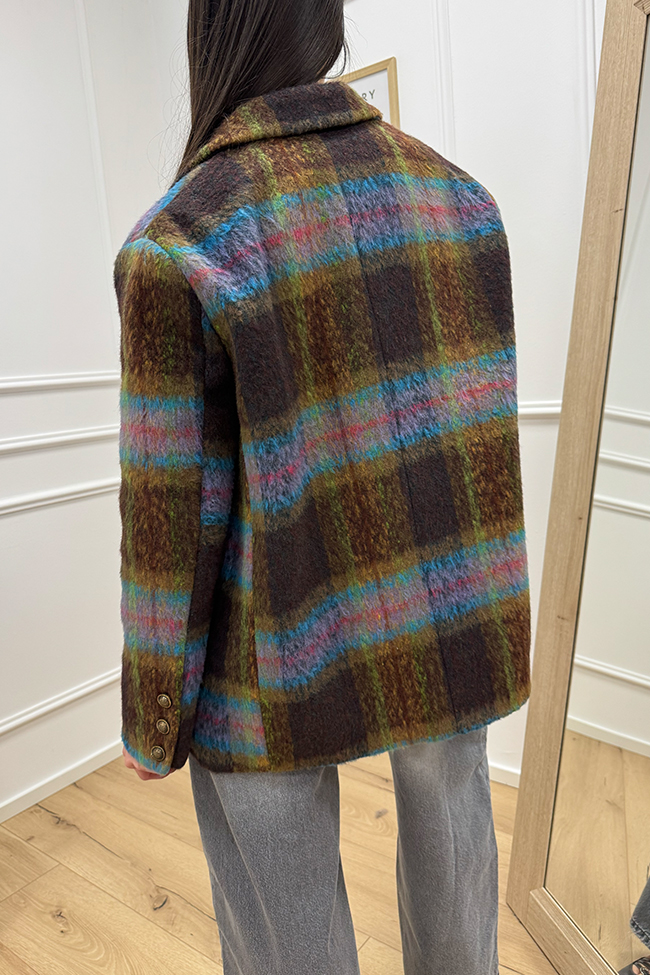 Dixie - Giacca cappotto check senape, celeste e moro