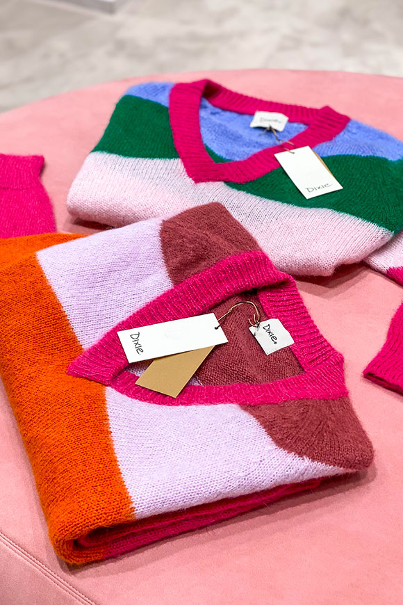 Dixie - Maglione color block arancio, cipria e fucsia con scollo a V