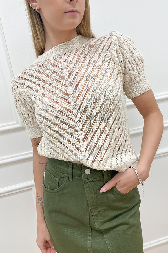 Haveone - Top crochet burro con maniche a sbuffo