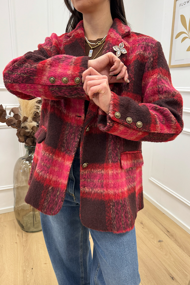 Dixie - Giacca cappotto check rosso, rosa e moro