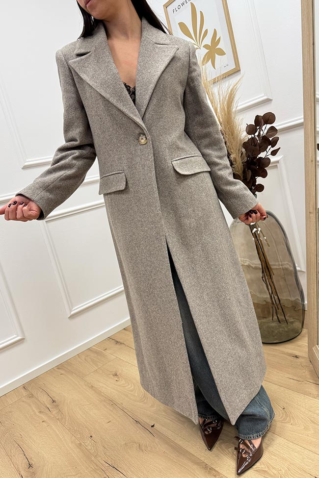 Haveone - Cappotto lungo beige monopetto in lana