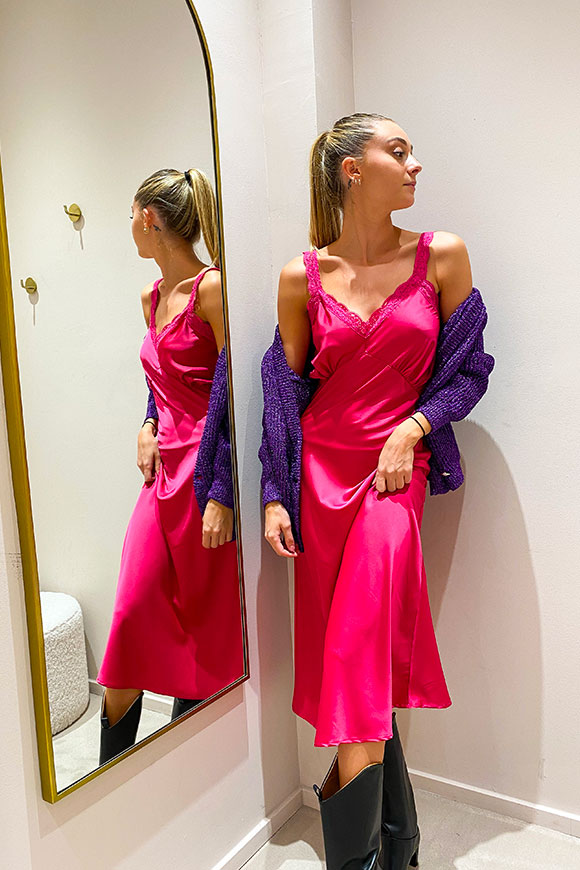 Vicolo - Fuchsia satin slip dress with lace details