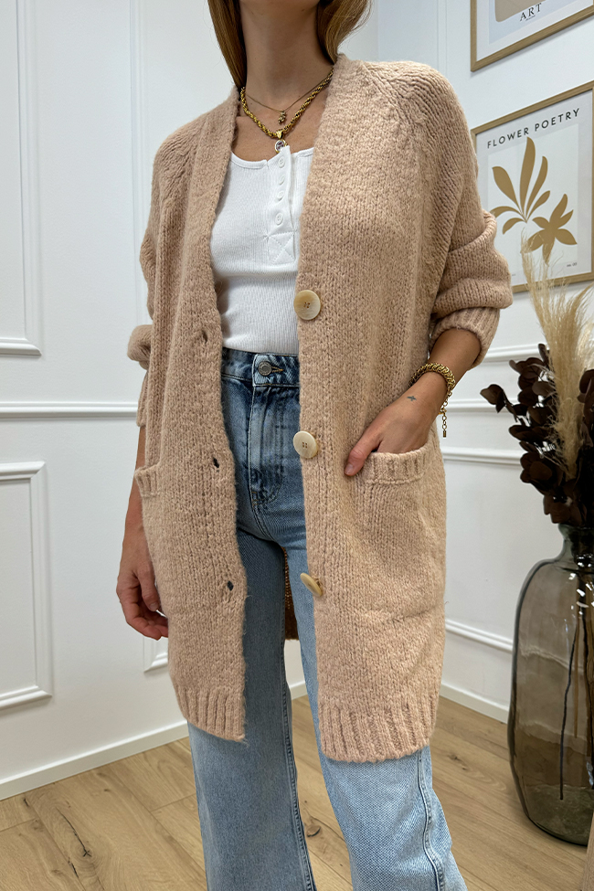 Haveone - Cardigan lungo rosa con bottoni misto alpaca