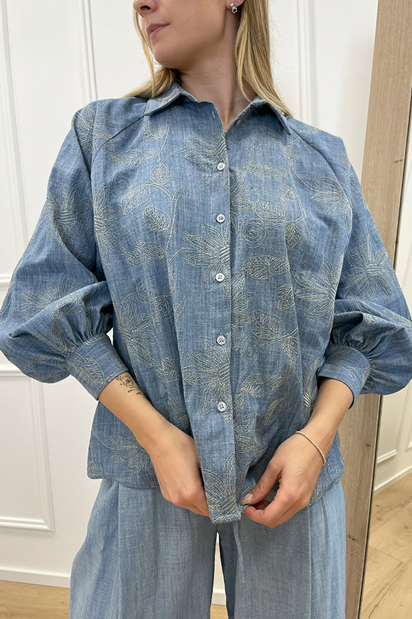 Vicolo - Camicia in chambray con ricami sabbia