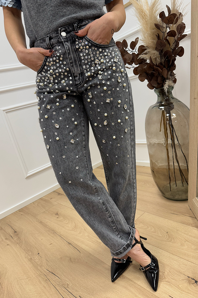 Haveone - Jeans Louis grigio scuro con perle e strass