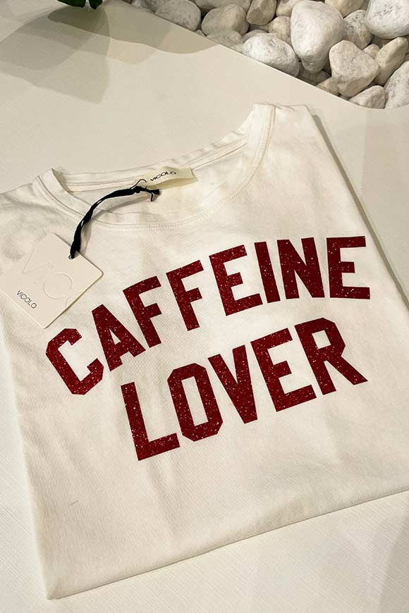 Vicolo - T shirt bianca stampa "Caffeine" glitter rosso