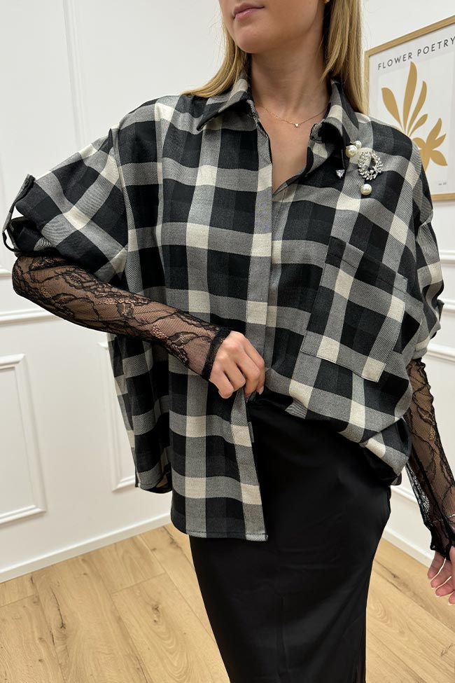 Haveone - Camicia bianca e nera manicotti in pizzo