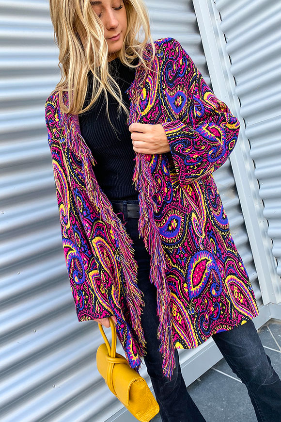 Vicolo - Paisley patterned blue, fuchsia and yellow cardigan