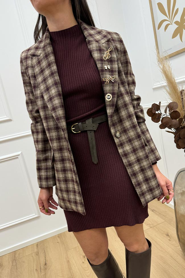 Vicolo - Giacca check beige e bordeaux con spille