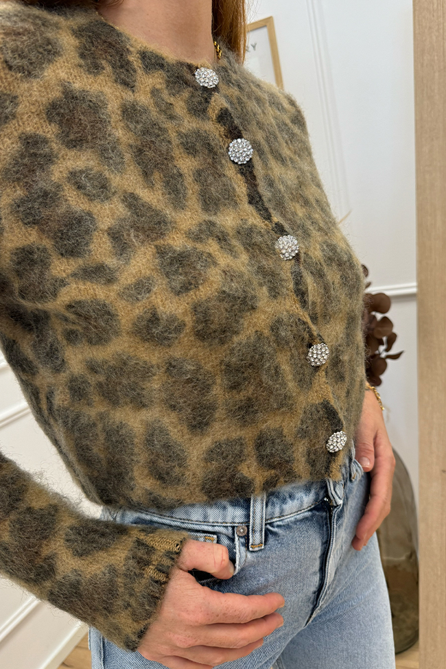 Vicolo - Cardigan leopardato in mohair con bottoni gioiello