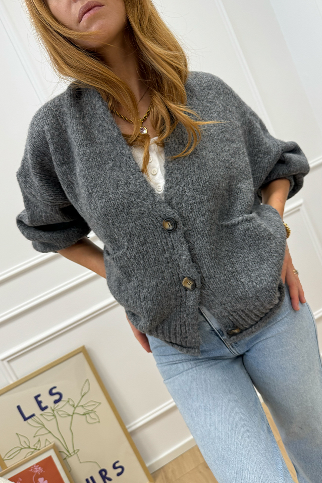 Haveone - Cardigan corto grigio antracite tre bottoni misto alpaca