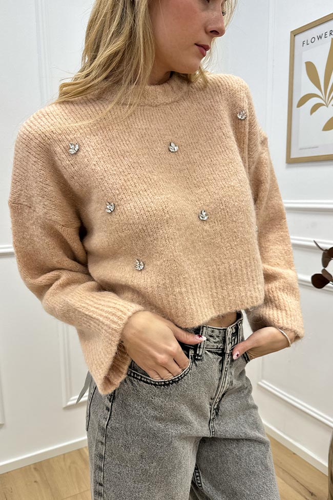 Vicolo - Maglione crop nude in mohair con cabochon