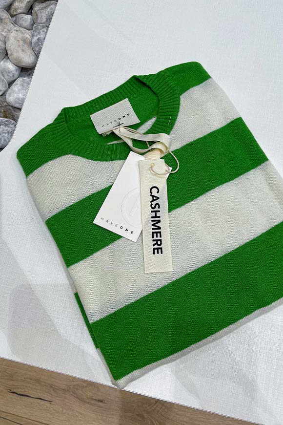 Haveone - Maglia riga larga verde, ecrù in cashmere