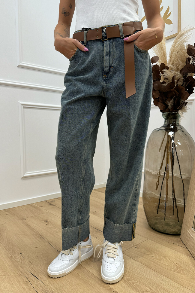 Haveone - Jeans Mandy sabbiato con cintura cuoio