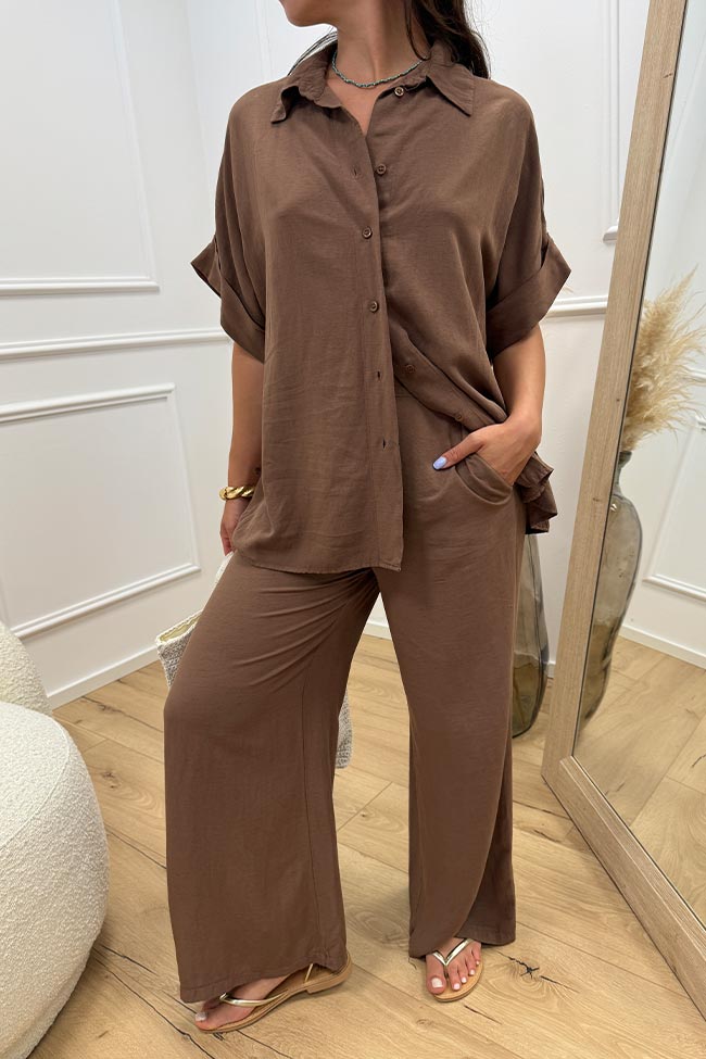 Haveone - Completo camicia e pantalone cioccolato misto lino