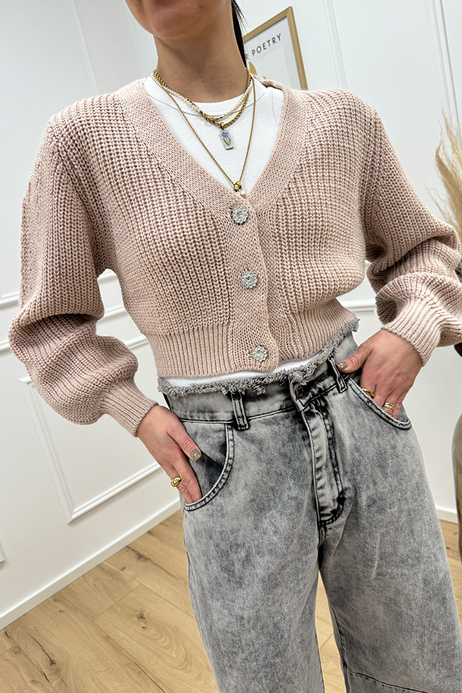 Haveone - Cardigan cropped cipria con bottoni gioiello