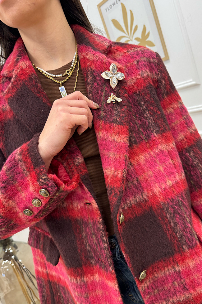 Dixie - Giacca cappotto check rosso, rosa e moro