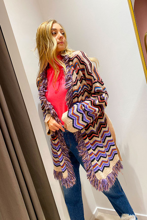 Vicolo - Beige, purple and black poncho fringed with bronze flecks