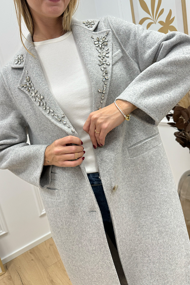 Icona - Cappotto grigio chiaro strass su revers